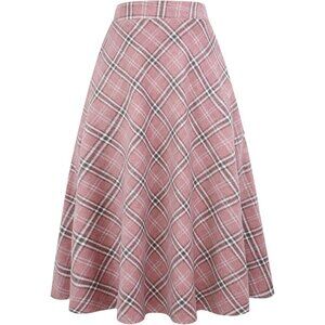 Womens Long Pink New Elastic Waist A-Line Pleated Tartan Long Plaid Wool Skirts
